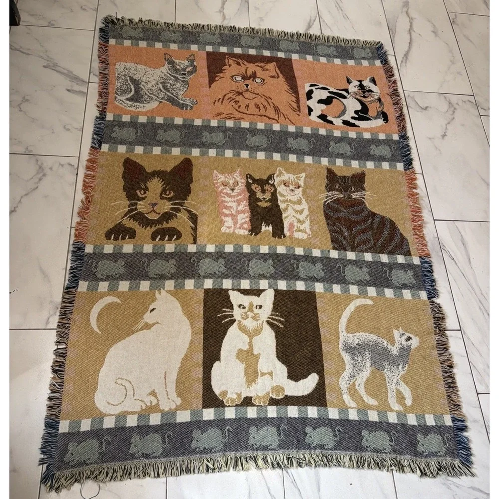 Vtg Cat Tapestry Throw Blanket Woven Fringed Checkerboard Window Kittens